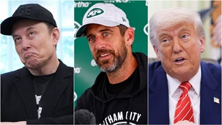 Aaron Rodgers hilariously found himself in the Elon Musk/Donald Trump crossfire. (Photo by Rich Schultz/Getty Images and Photo by Kevin Dietsch/Getty Images and Photo by Kevin Dietsch/Getty Images)
